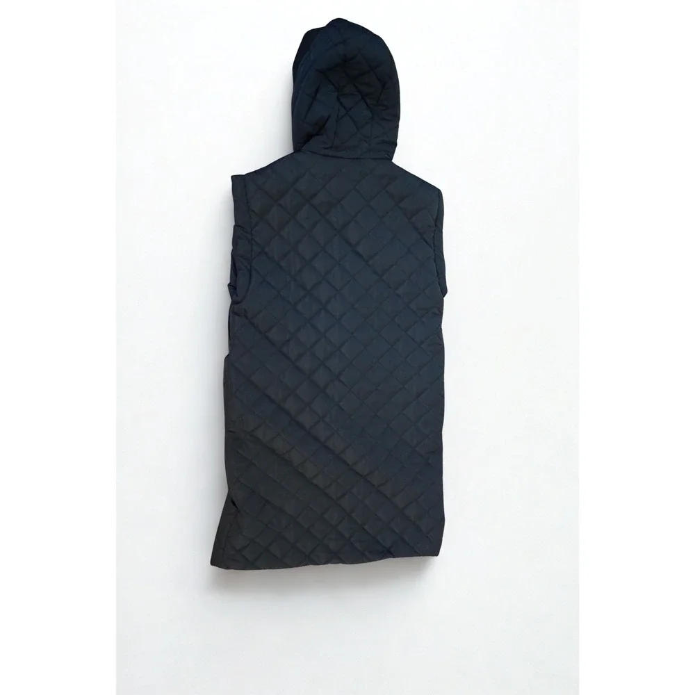 Fandylokar Women Black Quilted Longline Hooded Vest Puffer Jacket Size M